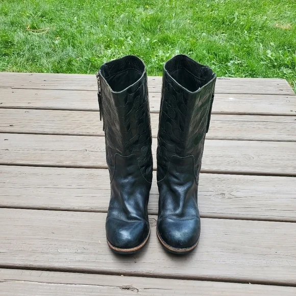 Coach Valentine Embossed Signature C Logo Black Leather Chunky Heel Zip Mid Boot - Picture 5 of 9